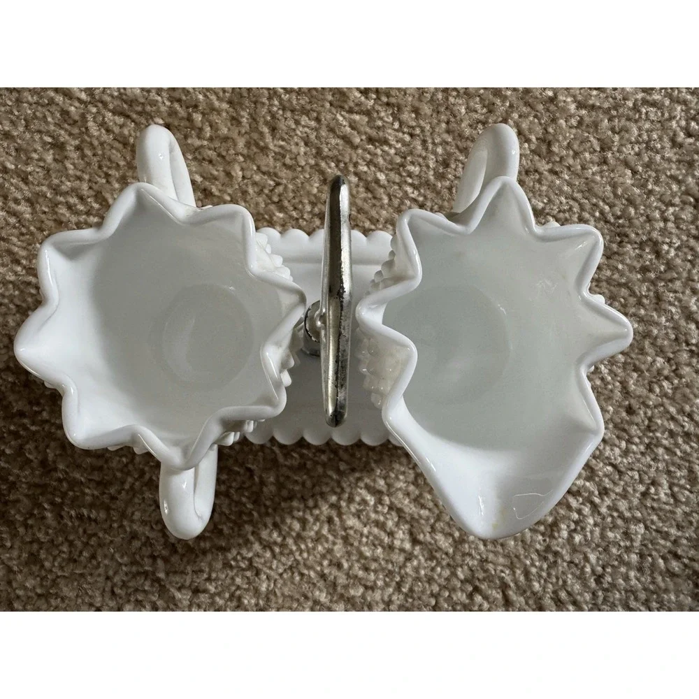 Fenton Hobnail Milk Glass Sugar Bowl and Creamer Set With Tray Vintage